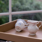 Elegant white ceramic creamer jar used as gravy boat on dining table
