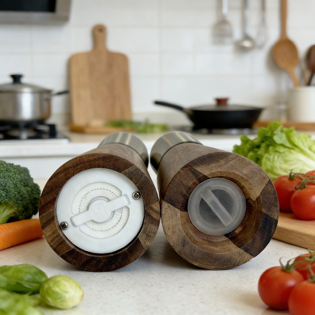 Salt Pepper Mill Grinder & Shaker Set with wooden Tray | Gold SS top