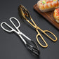 Stainless steel bread serving tongs for pastries and baked items.
