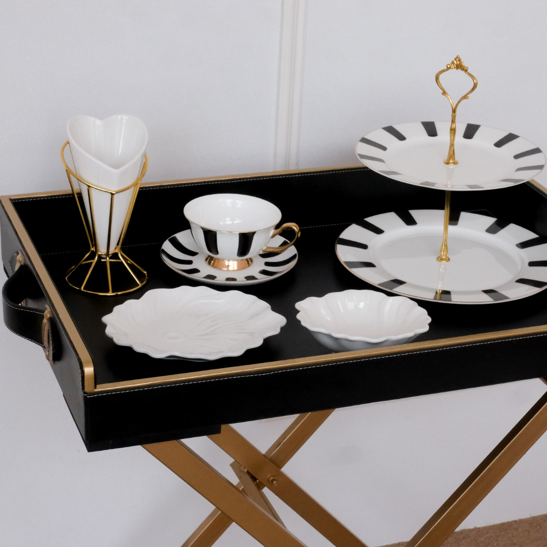Luxury black breakfast in bed tray with foldable stand for serving meals and tea