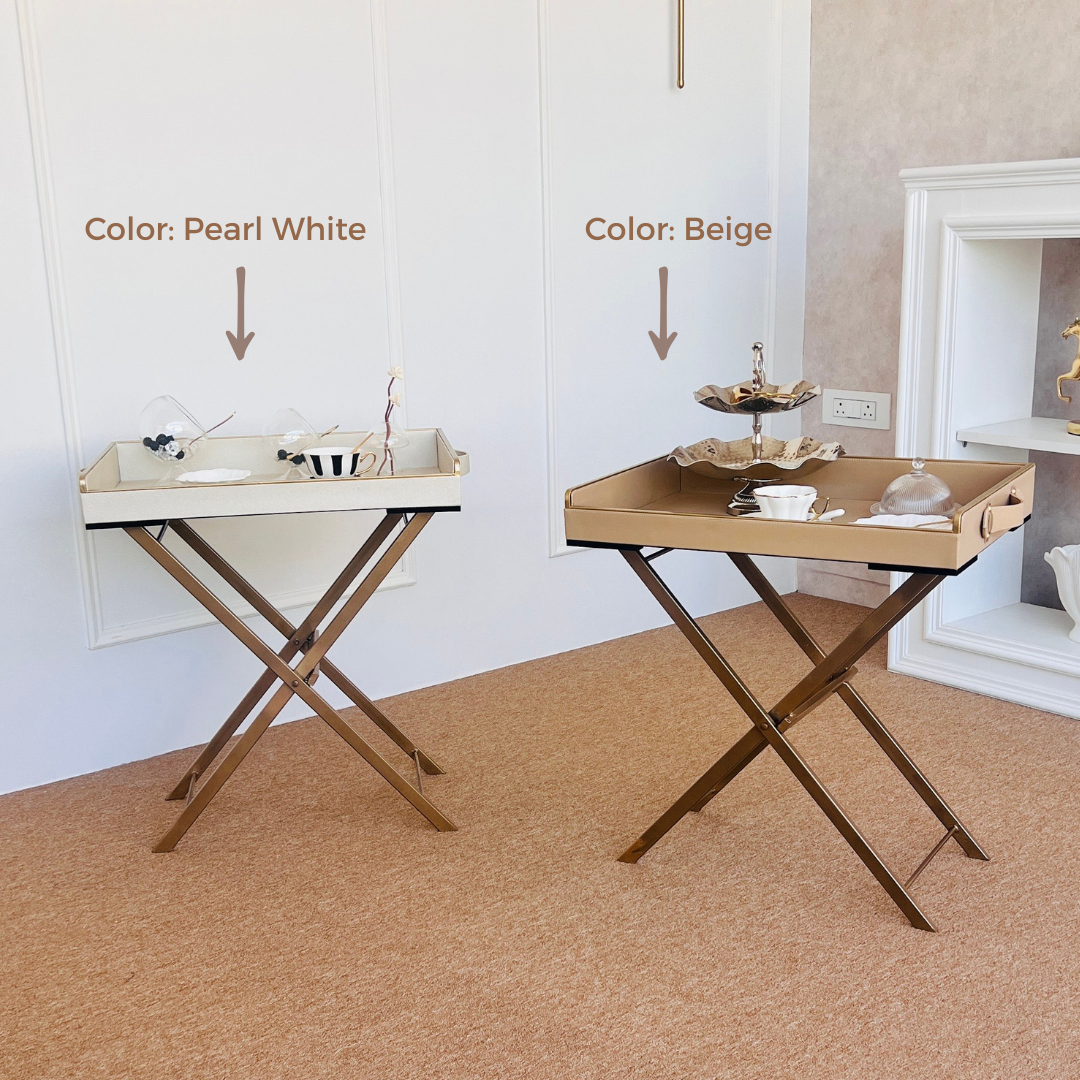 Extra Large folding Butler Tray tables with different color options labeled 'Pearl White' and 'Beige' in a room setting.