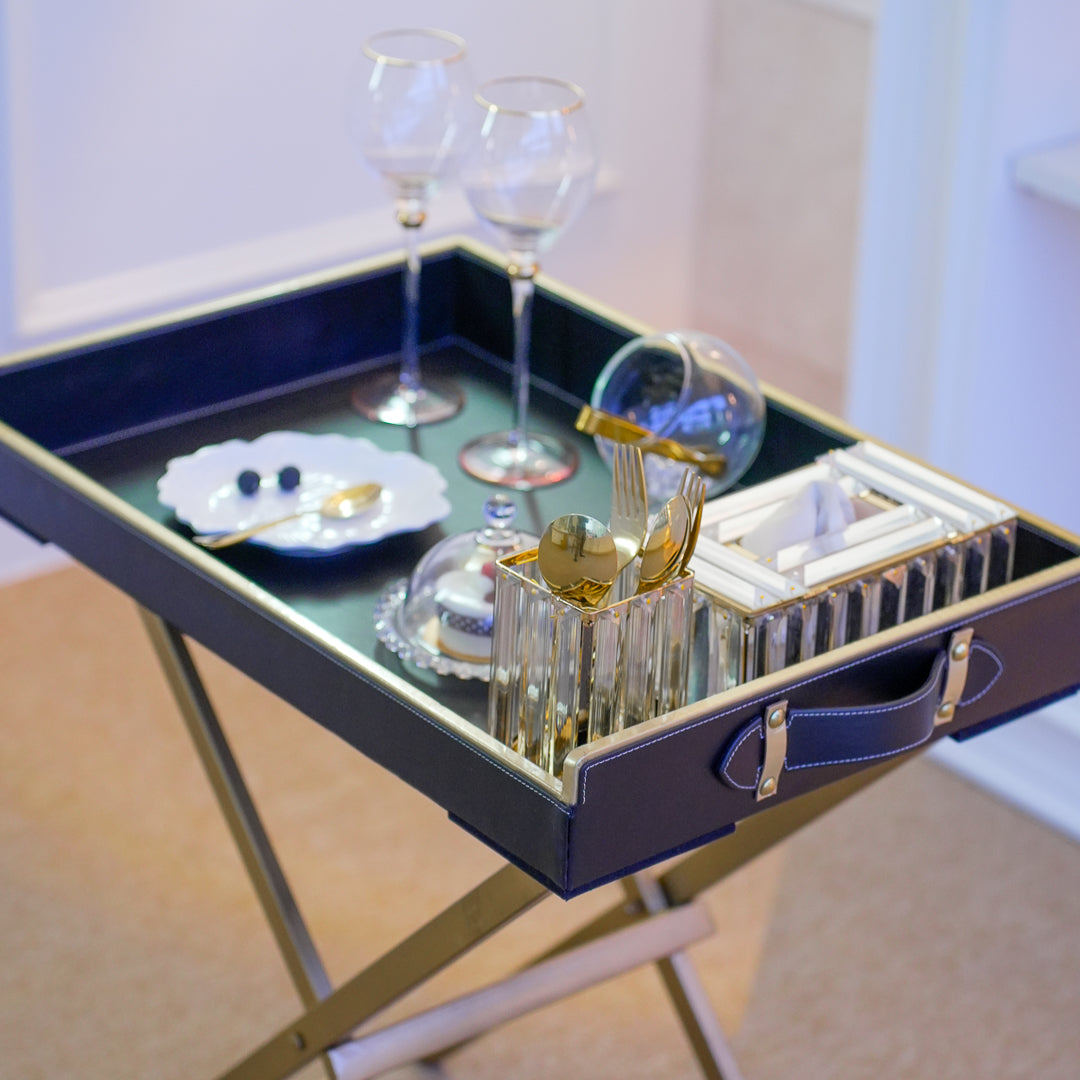 Black PU leather butler tray table with foldable metal stand in extra large size