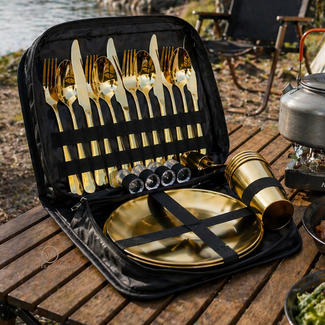 Premium portable dining set with fabric storage bag for picnics and travel