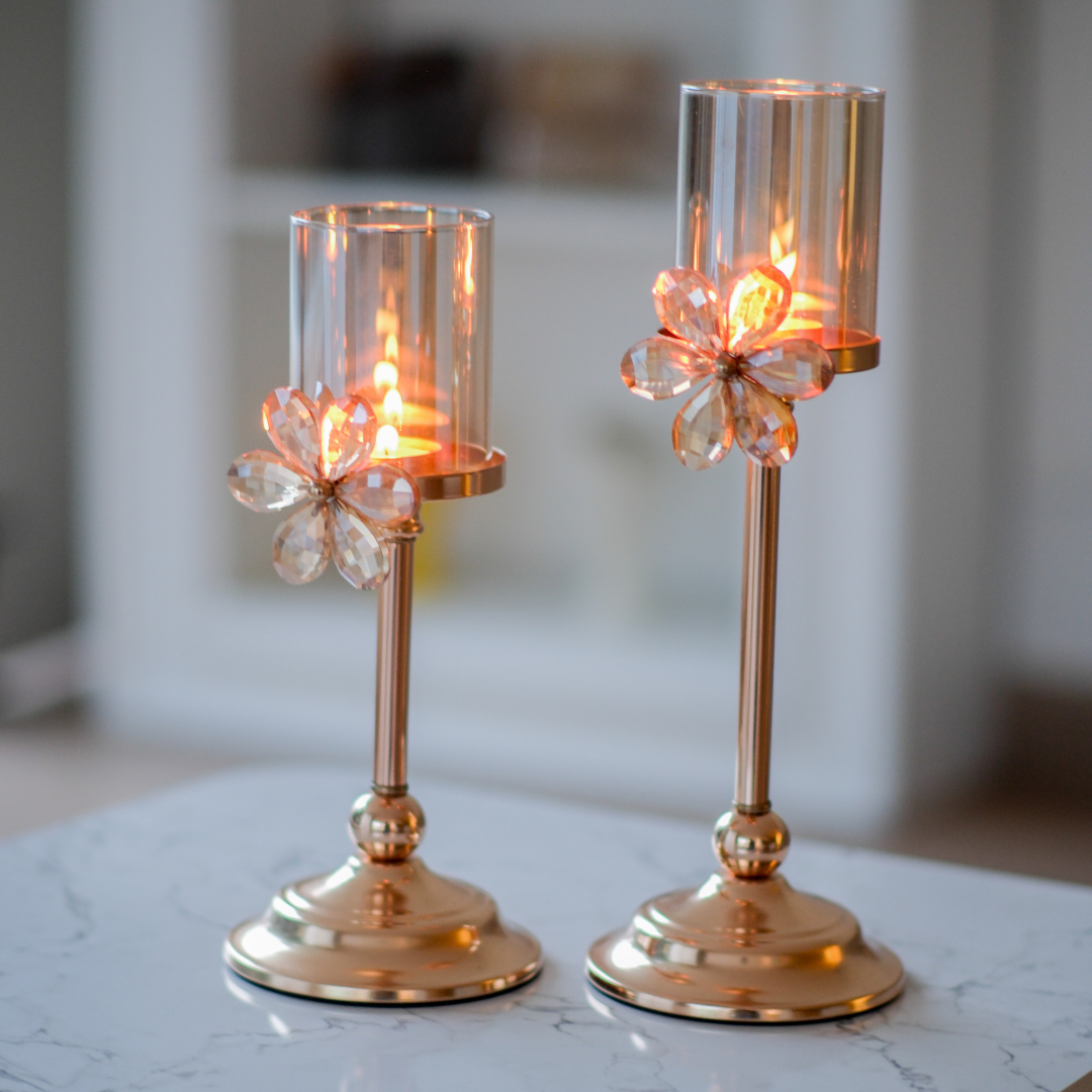 Gold hurricane glass candle holder for elegant home décor