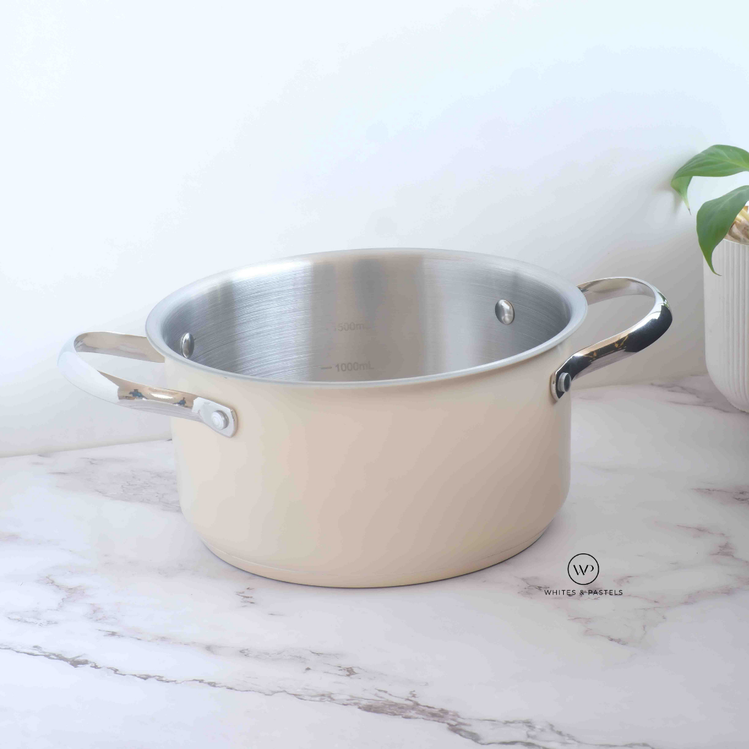 Modern beige white cookware set with silicone protected lid
