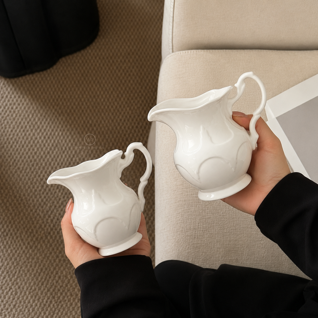 Pure white ceramic creamer jar for serving milk and cream