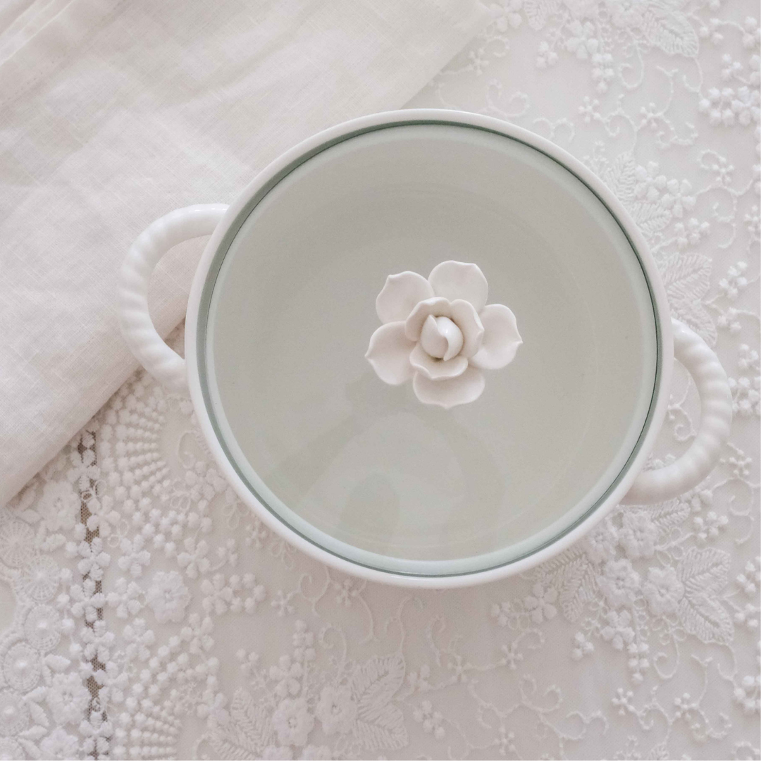 White ceramic serving pot for stylish dining tables and modern kitchens with lotus lid