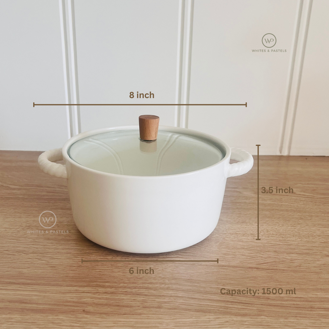 White Ceramic Serving Bowl with Glass Lid & Optional Stainless Steel Spoon – 1500 ml