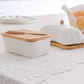 White ceramic butter box with natural bamboo lid