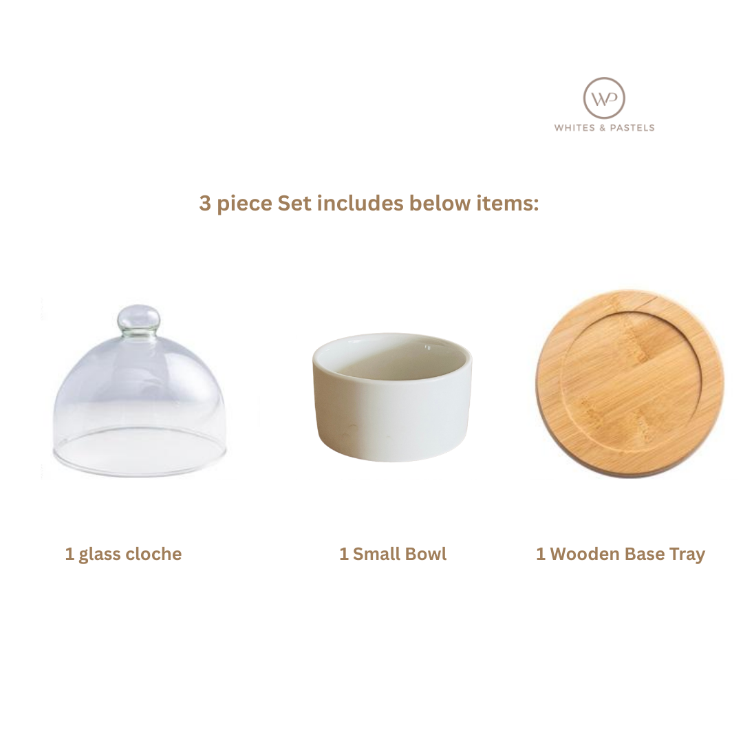 Luxury Ceramic Dessert Bowl with Glass Cloche & Wooden Tray – 3 Pc Set