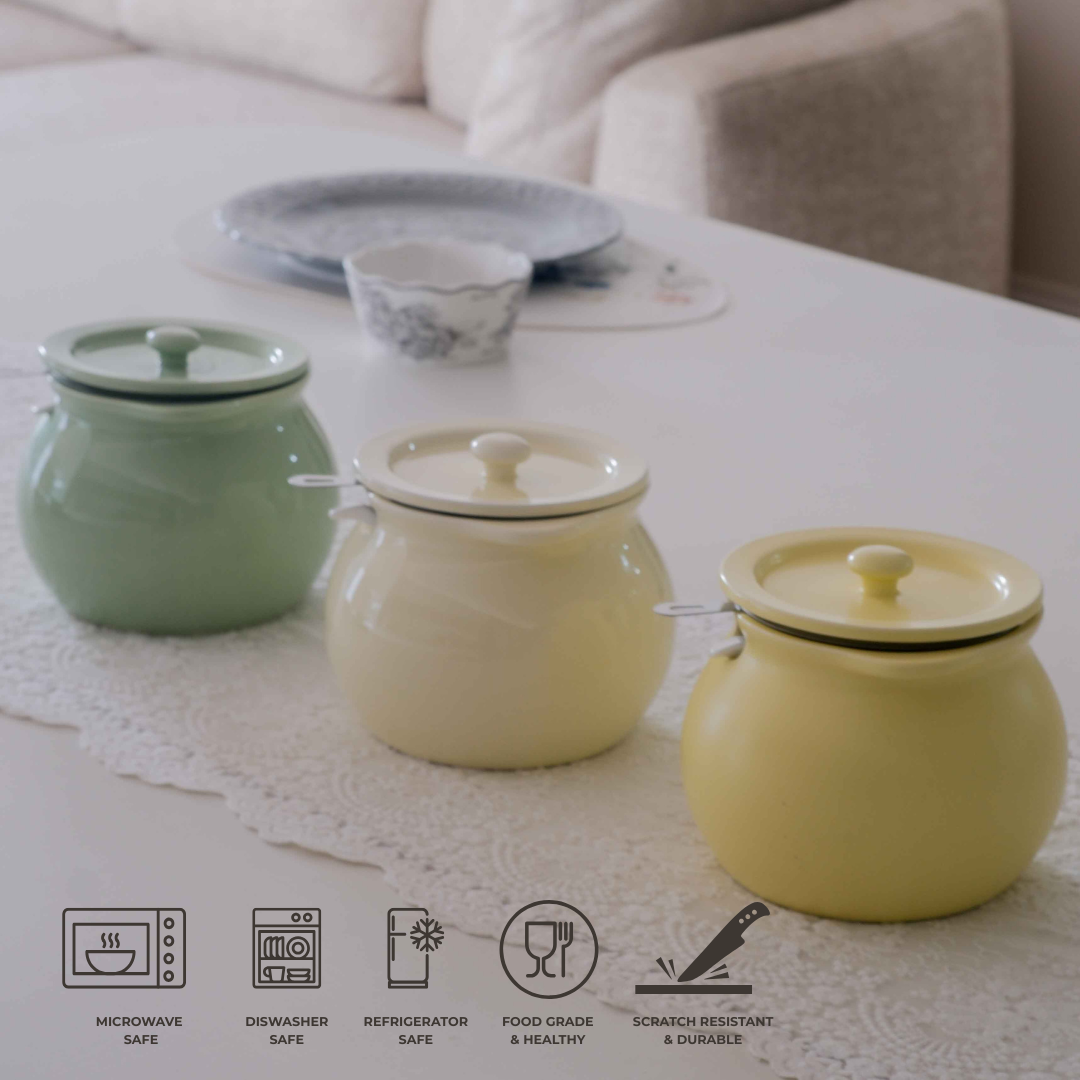 Premium ceramic ghee pot with lid for storing homemade ghee and butter.