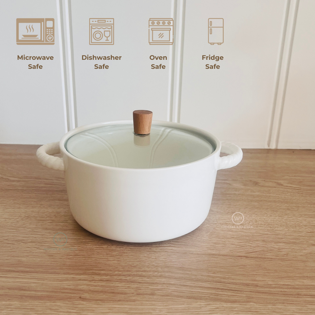 White Ceramic Serving Bowl with Glass Lid & Optional Stainless Steel Spoon – 1500 ml