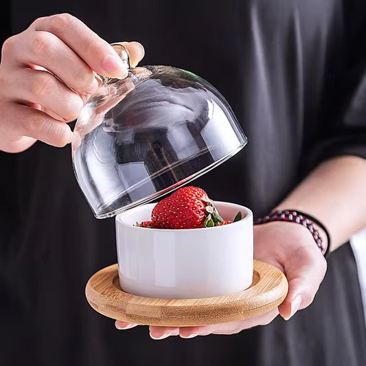Luxury ceramic dessert bowl with glass cloche and wooden tray – Whites & Pastels