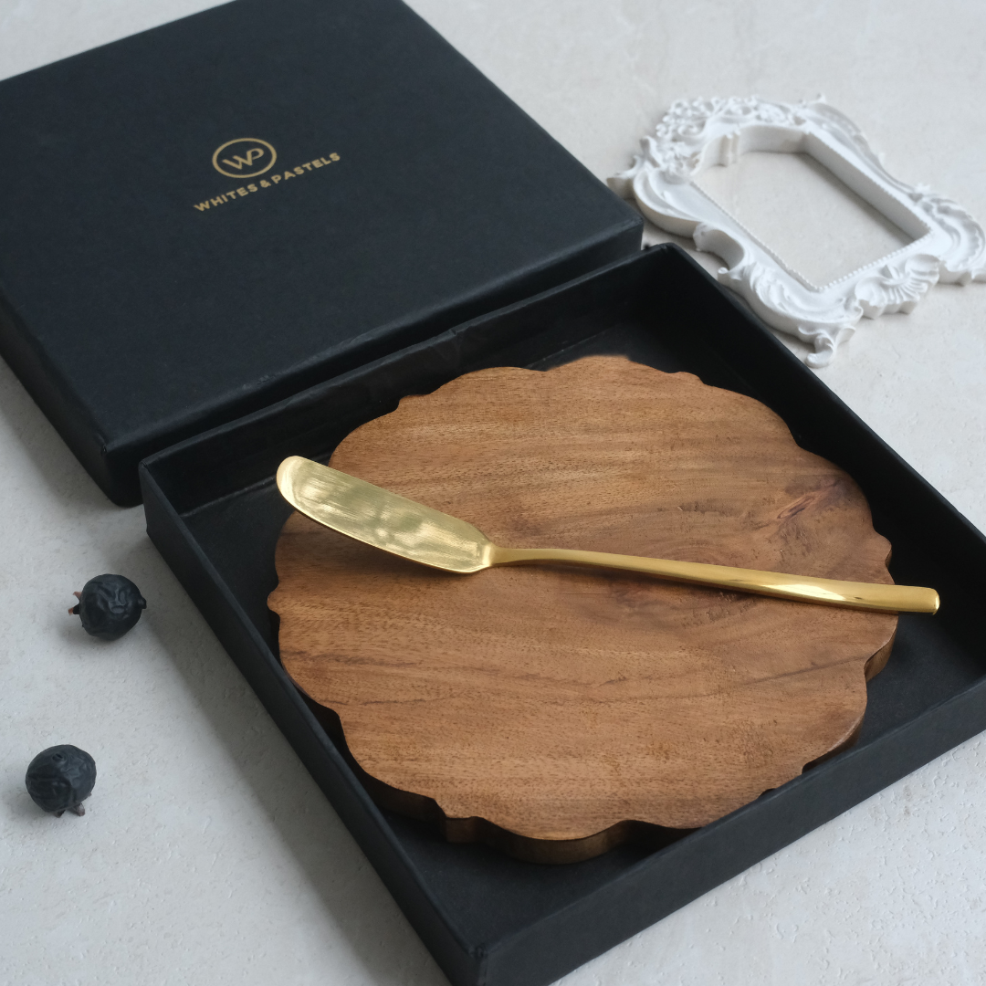Scalloped Edges solid wood mini charcuterie board with butter knife in a black gift box with whites & pastels branding