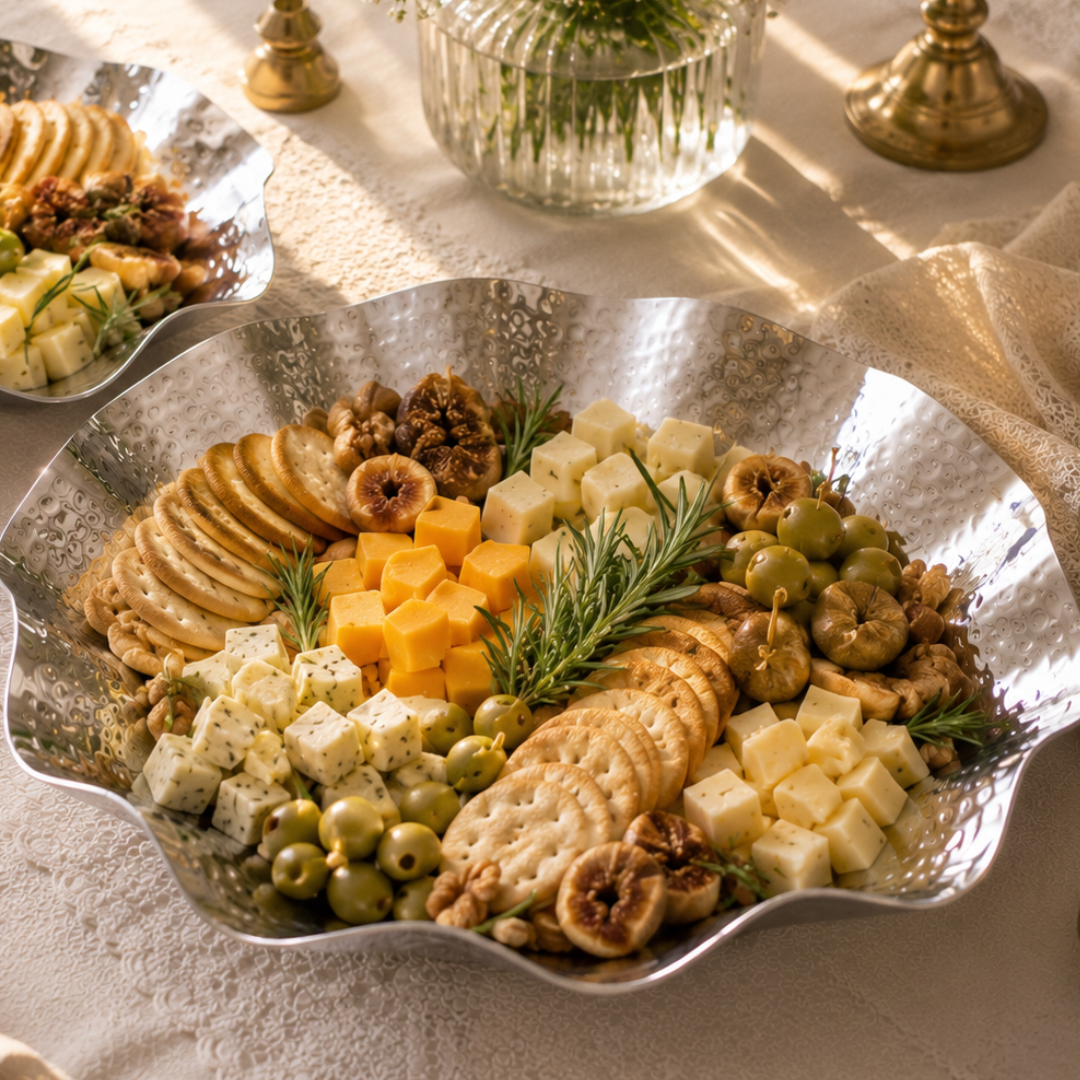 Large hammered stainless steel serving platter styled as a gourmet cheese board with crackers, olives, figs, herbs and assorted cheeses for party hosting.