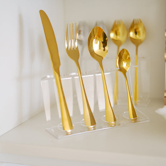 Gold PVD flatware set with dinner spoons forks knives and dessert spoons