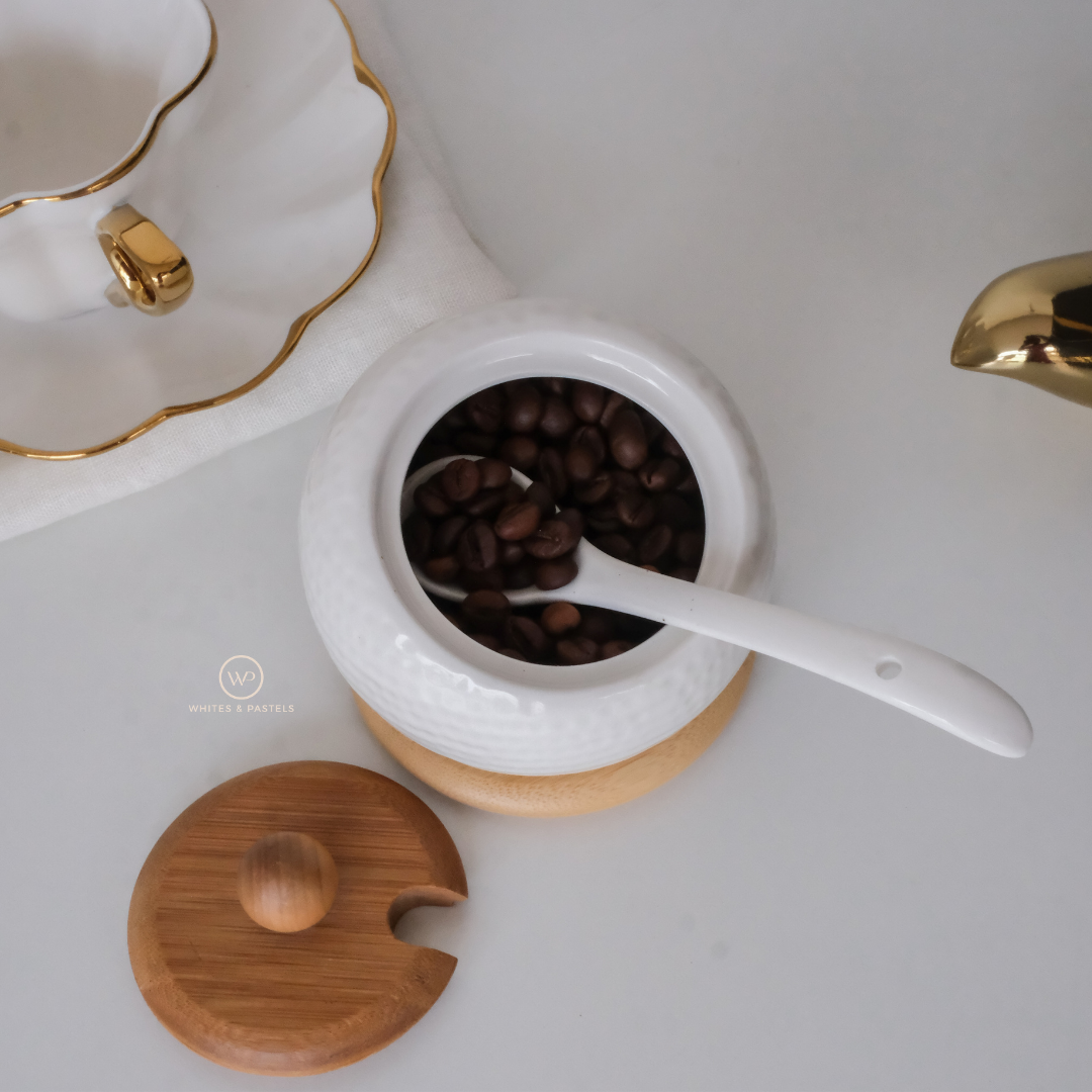 Luxury white Cofee bean ceramic condiment jar with spoon