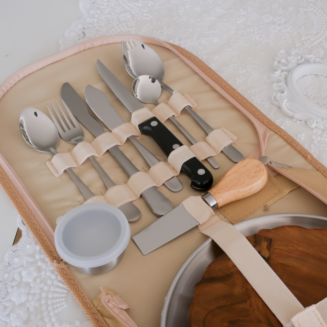 Travel cutlery set neatly packed inside a premium zippered carry case