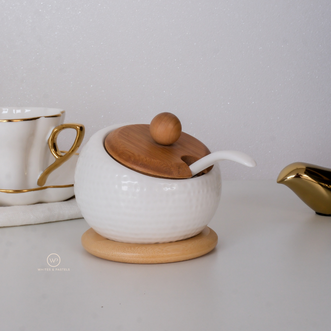 White ceramic storage jar for salt, sugar and seasonings