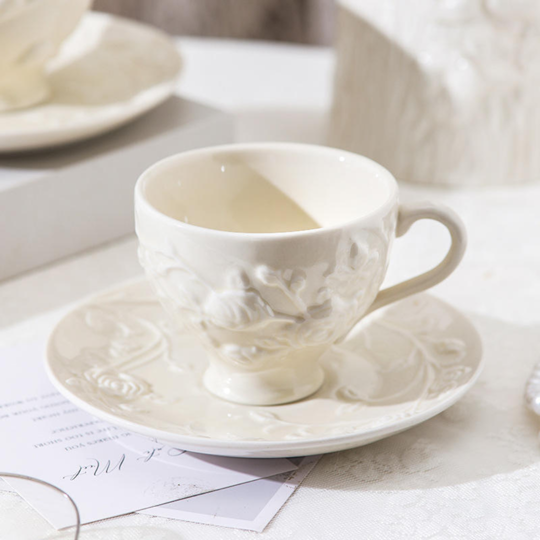 European Embossed Tea Cup and Saucer
