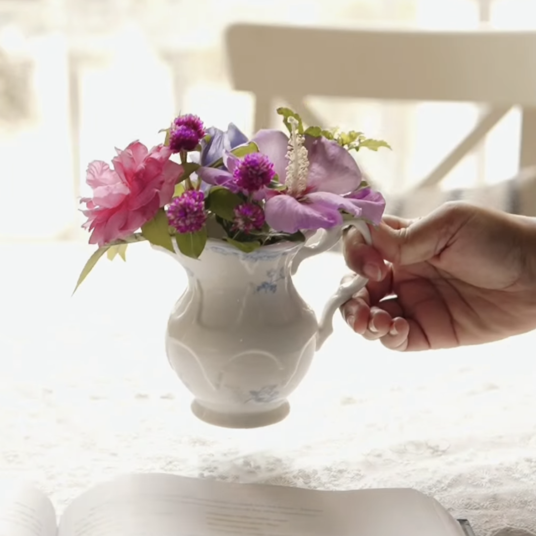 White Porcelain Creamer Jar with Floral Print