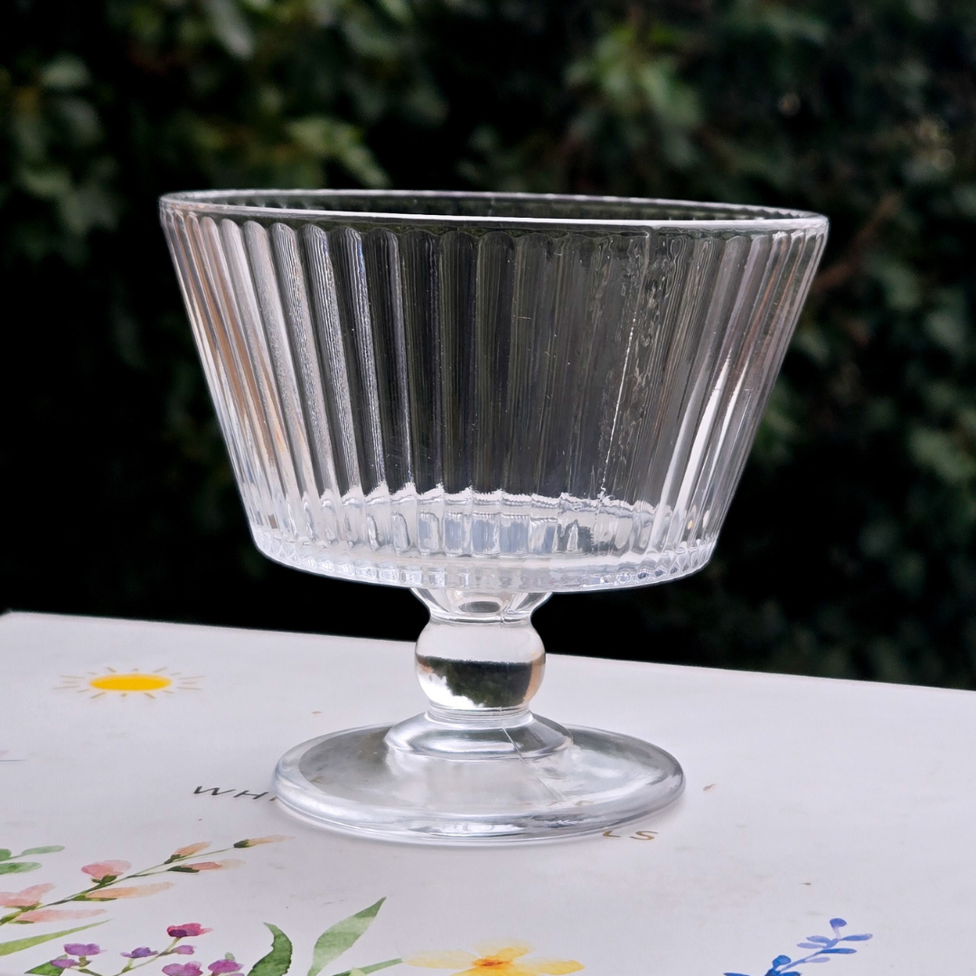 Crystal clear ribbed glass bowls for serving desserts, fruits and puddings