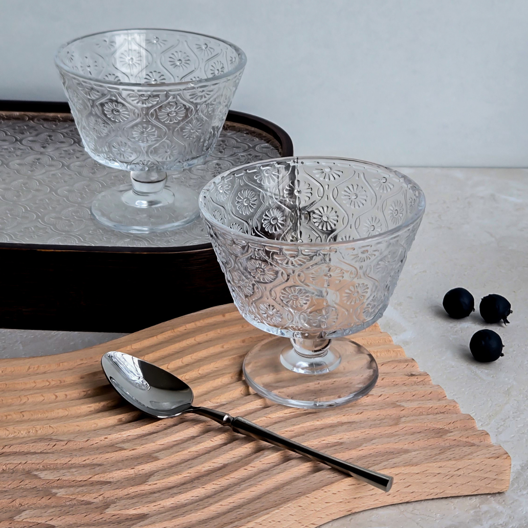 Crystal clear glass bowls for serving ice cream, puddings and fruit