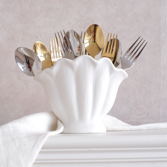 White Shell Cutlery Holder – Matte Ceramic Utensil Stand