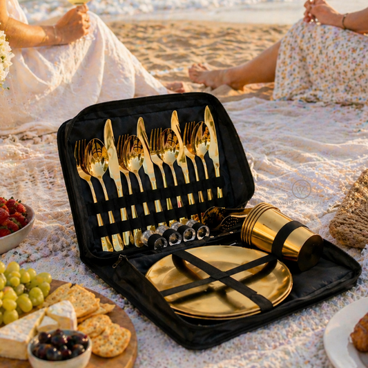Luxury portable cutlery set for 4 with premium fabric carry bag, gold finish cutlery, plates and glasses by Whites & Pastels