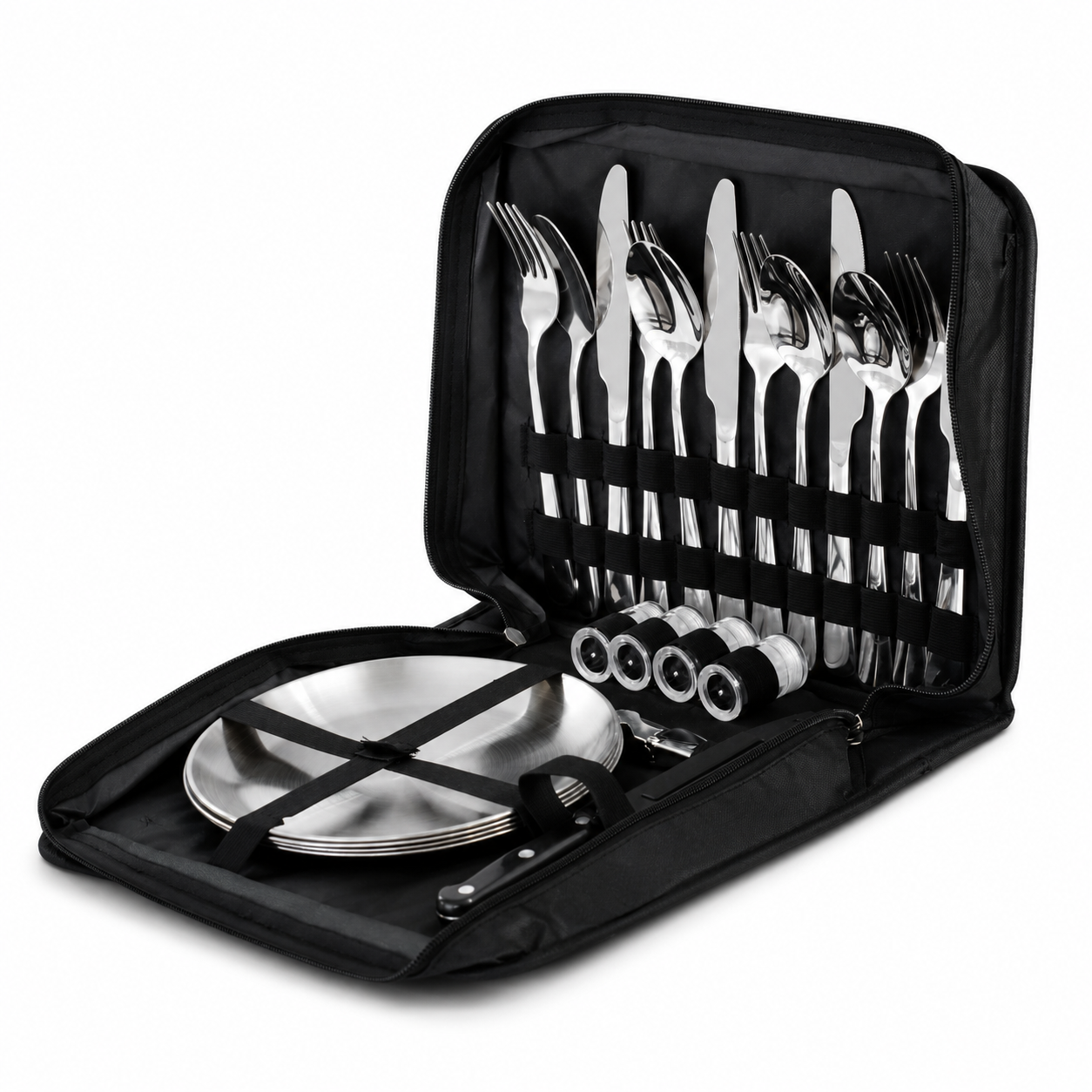 Set of silver cutlery in a black carrying case on a white background