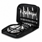 Set of silver cutlery in a black carrying case on a white background