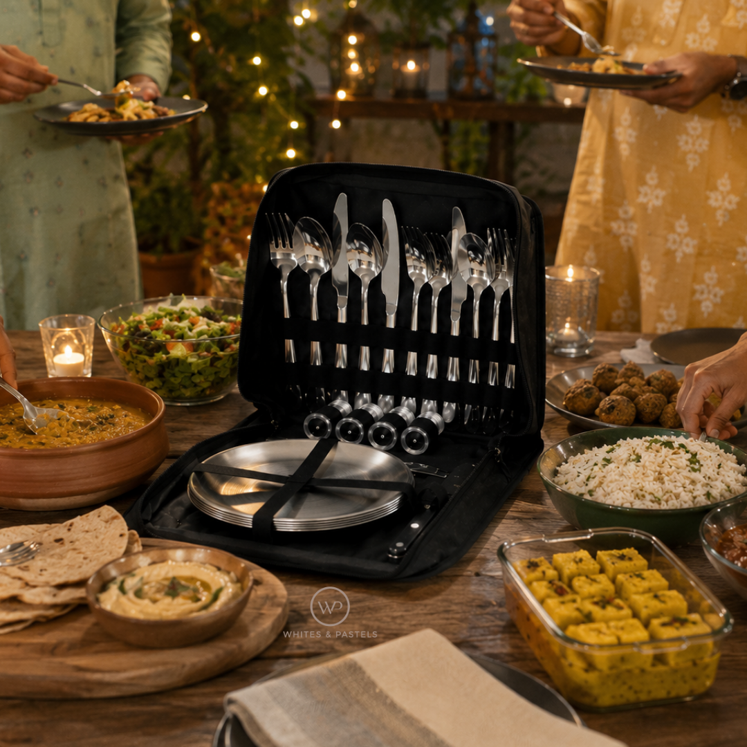 Luxury gold cutlery set with plates, glasses and carry handle bagift Set for Office 