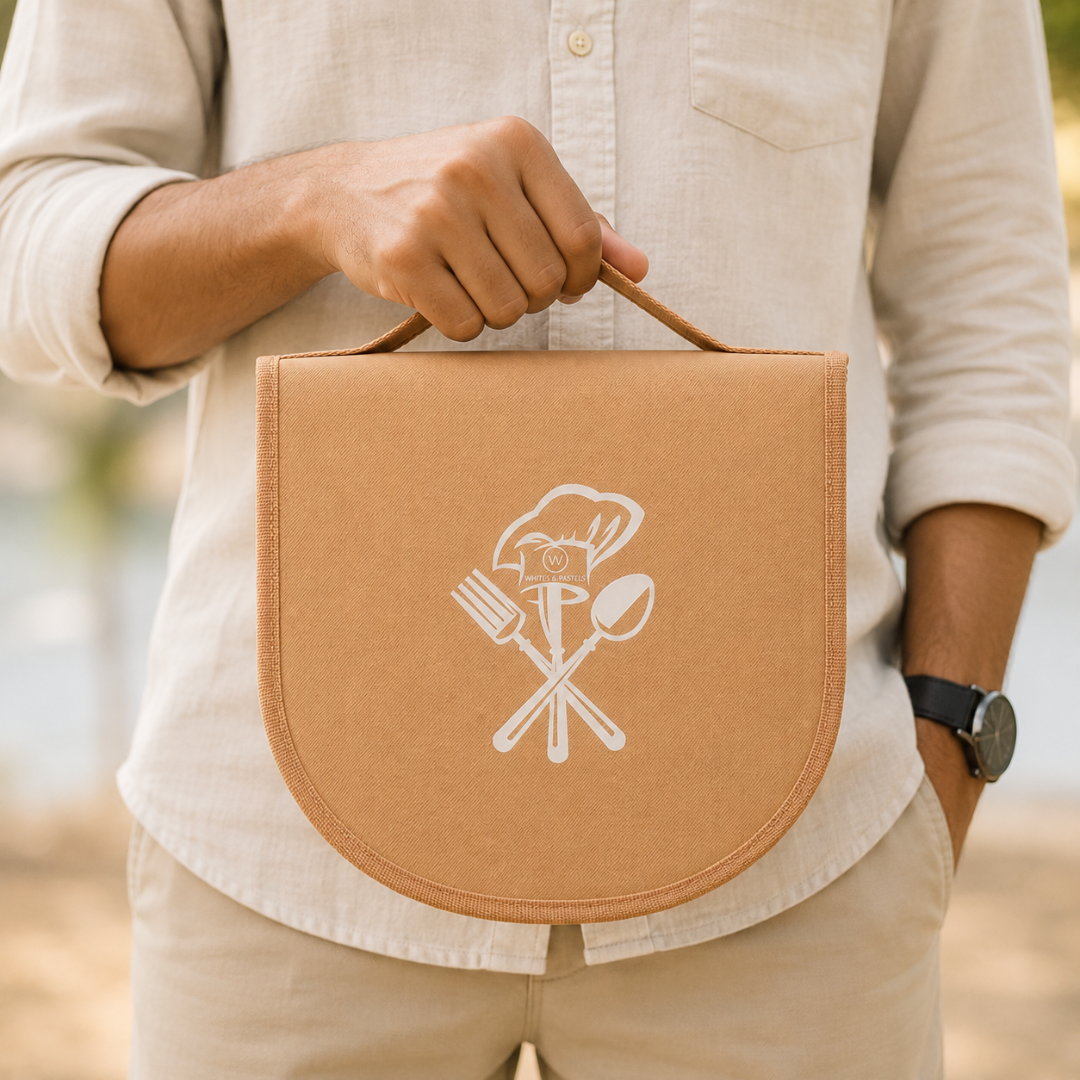 A man holding the cutlery bag with handle