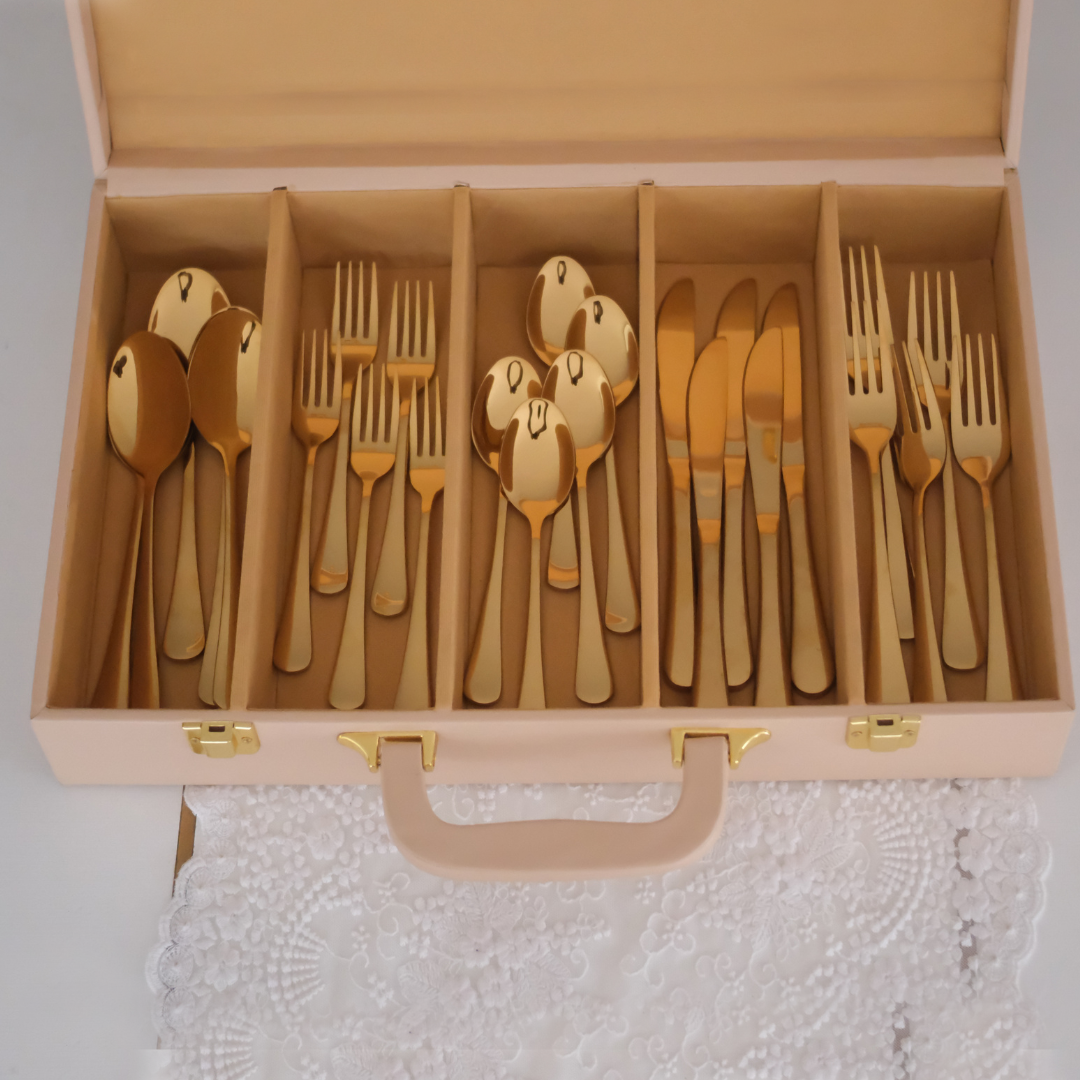 beige cutlery storage suitcase with handle for convenient carrying