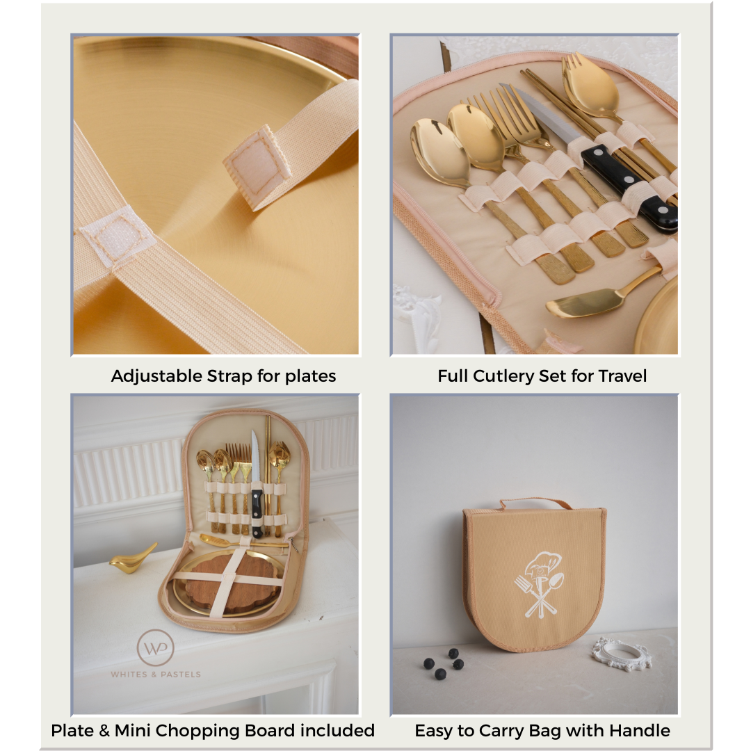 A 2x2 collage showing a beige and gold travel cutlery set with an adjustable strap, utensils in a zip pouch, included accessories like a plate and mini chopping board, and a carry bag with a handle.