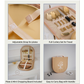 A 2x2 collage showing a beige and gold travel cutlery set with an adjustable strap, utensils in a zip pouch, included accessories like a plate and mini chopping board, and a carry bag with a handle.