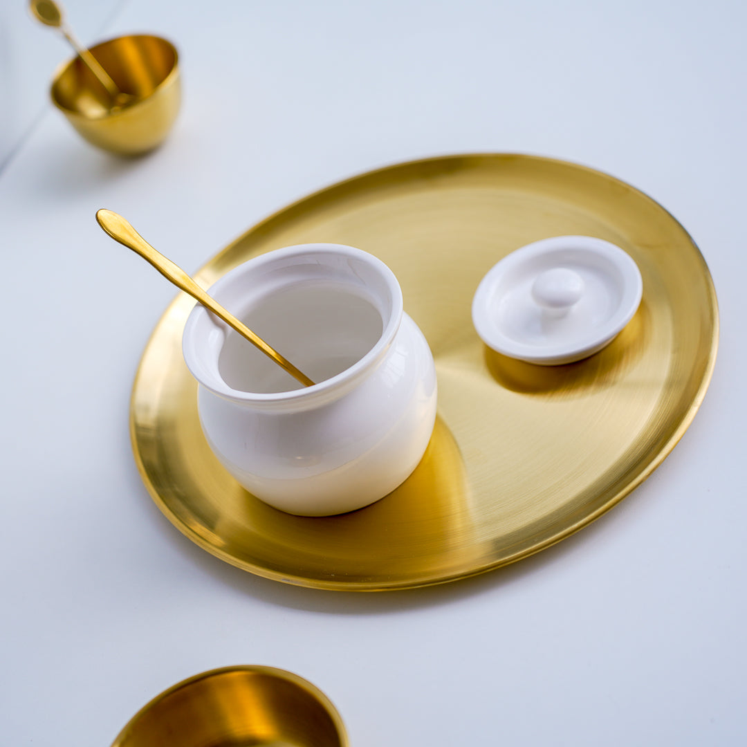 White Ghee Pot with Lid & Gold Spoon – 420ml Luxury Kitchen Jar