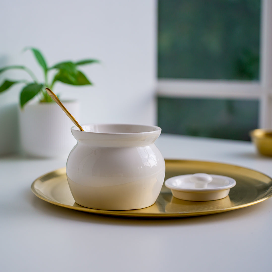 White Ghee Pot with Lid & Gold Spoon – 420ml Luxury Kitchen Jar
