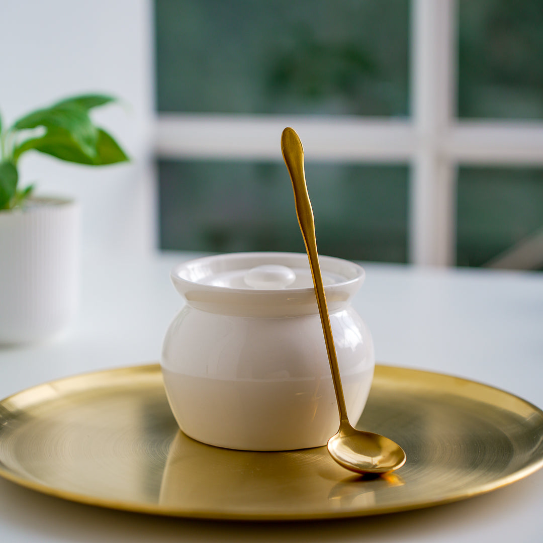 White Ghee Pot with Lid & Gold Spoon – 420ml Luxury Kitchen Jar