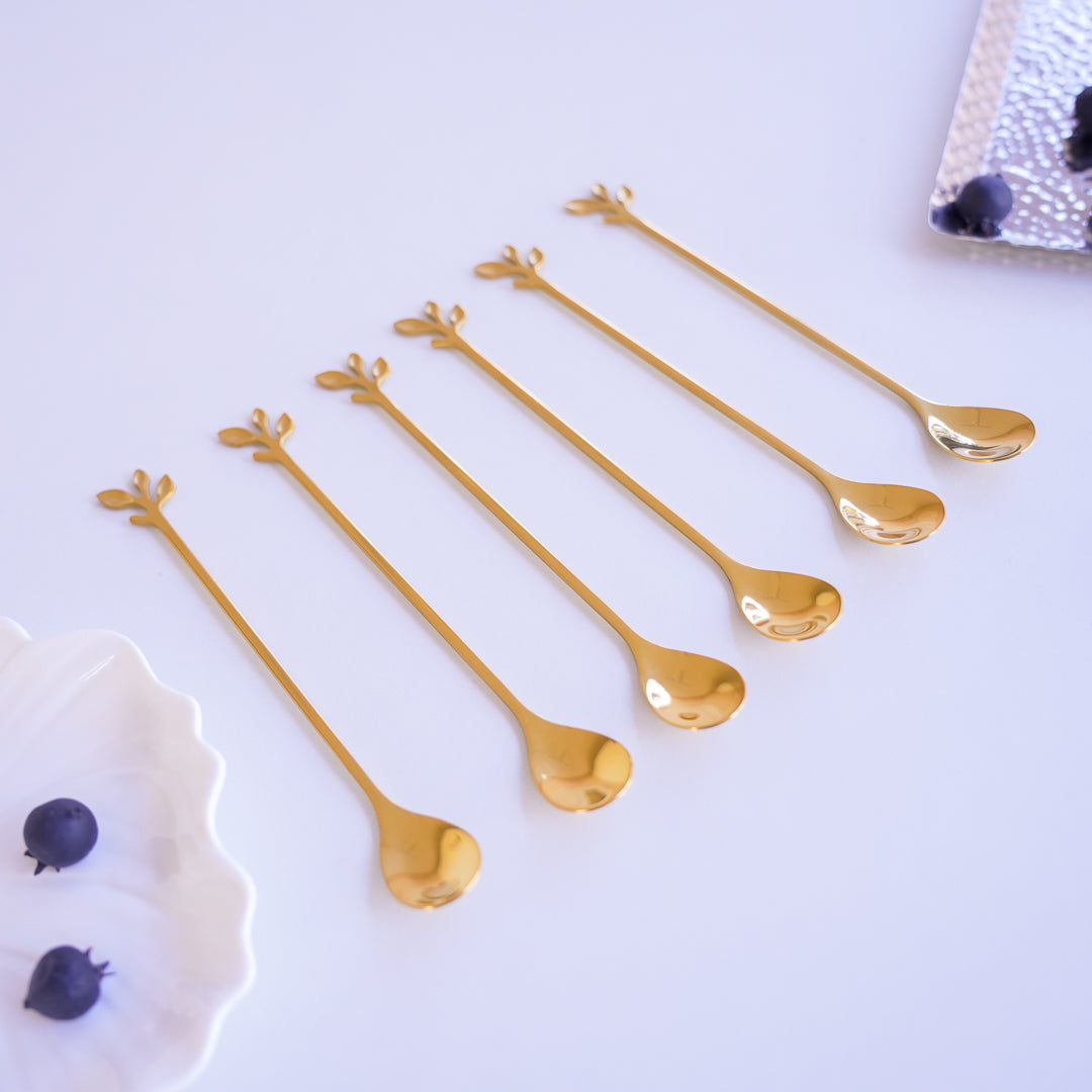 Long Handle Gold Spoons | Leaf Cocktail Stirrers | Stainless Steel