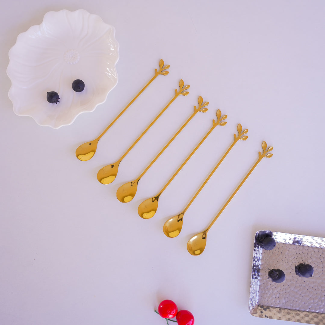 Long Handle Gold Spoons | Leaf Cocktail Stirrers | Stainless Steel