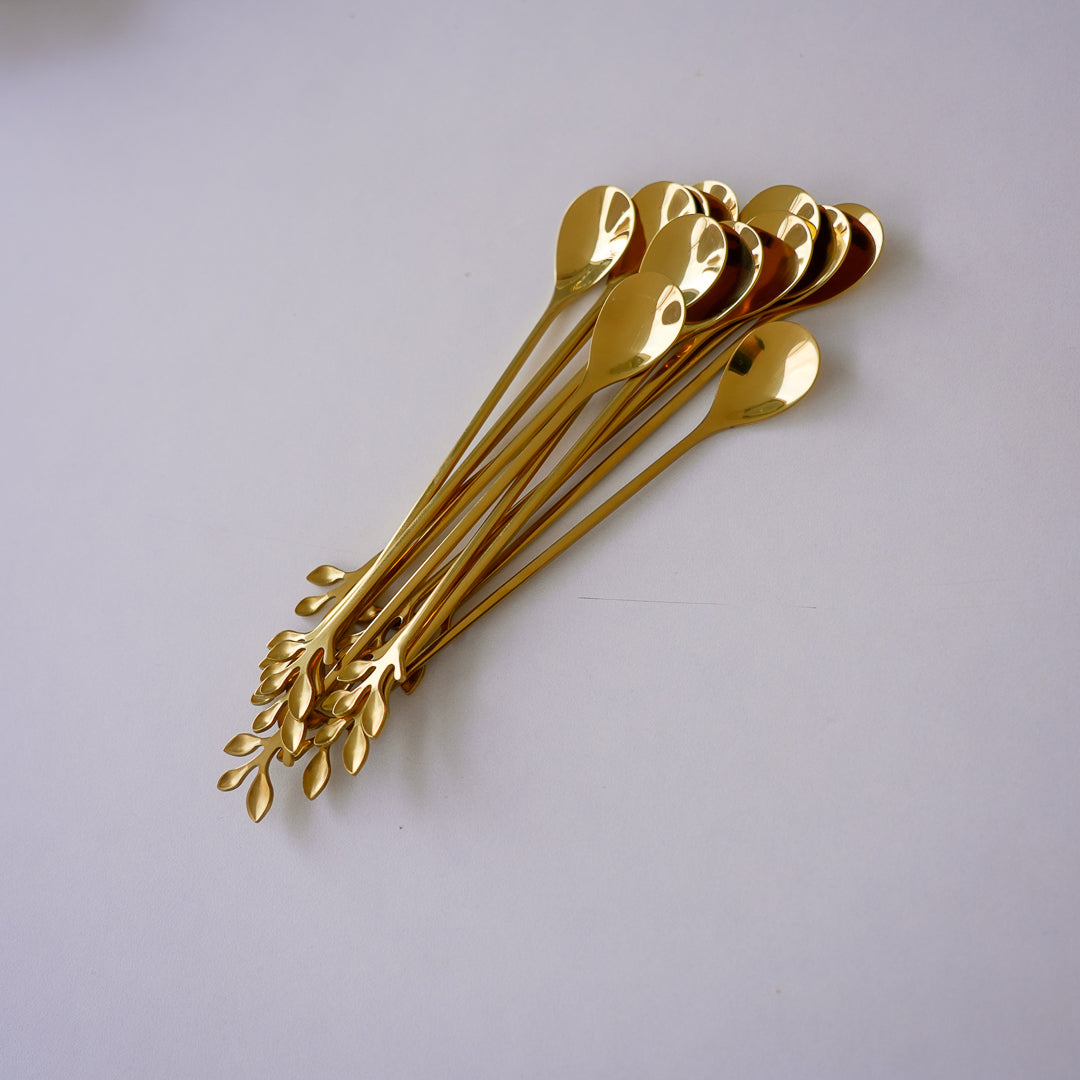 Long Handle Gold Spoons | Leaf Cocktail Stirrers | Stainless Steel