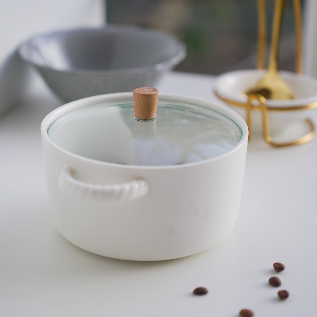 White Ceramic Serving Bowl with Glass Lid & Optional Stainless Steel Spoon – 1500 ml
