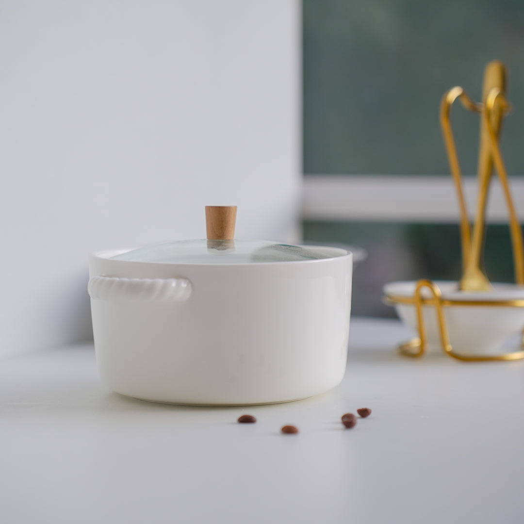 White Ceramic Serving Bowl with Glass Lid & Optional Stainless Steel Spoon – 1500 ml