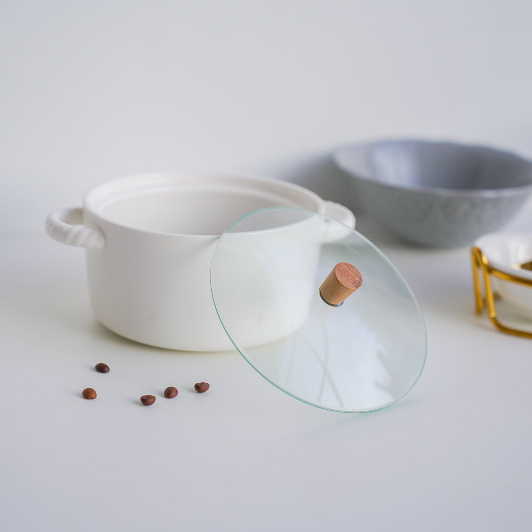 White Ceramic Serving Bowl with Glass Lid & Optional Stainless Steel Spoon – 1500 ml