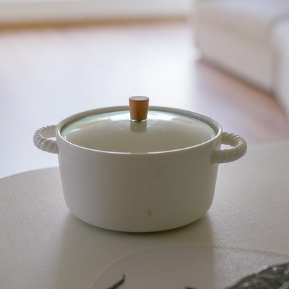 White Ceramic Serving Bowl with Glass Lid & Optional Stainless Steel Spoon – 1500 ml