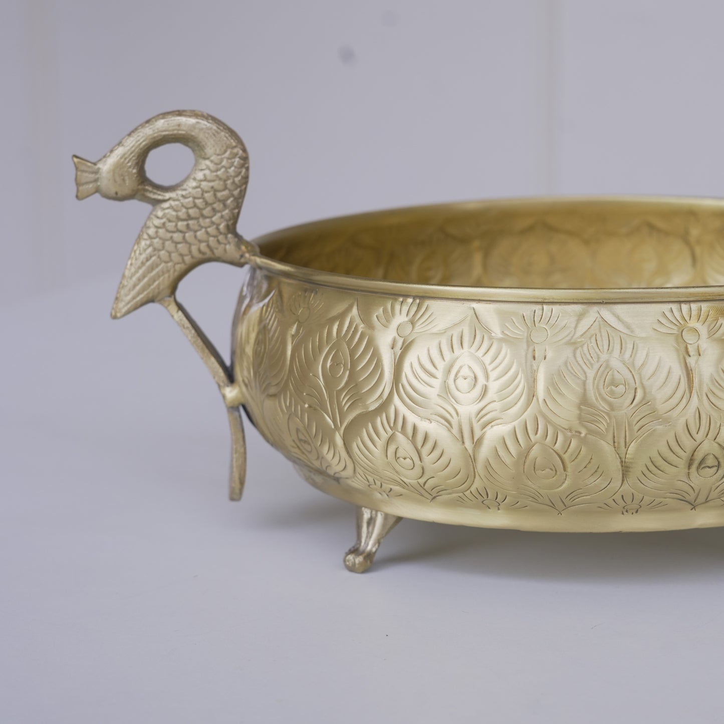 Handcrafted Gold Brass Urli with Peacock Handles | Chitai Work (10 & 12 Inch)