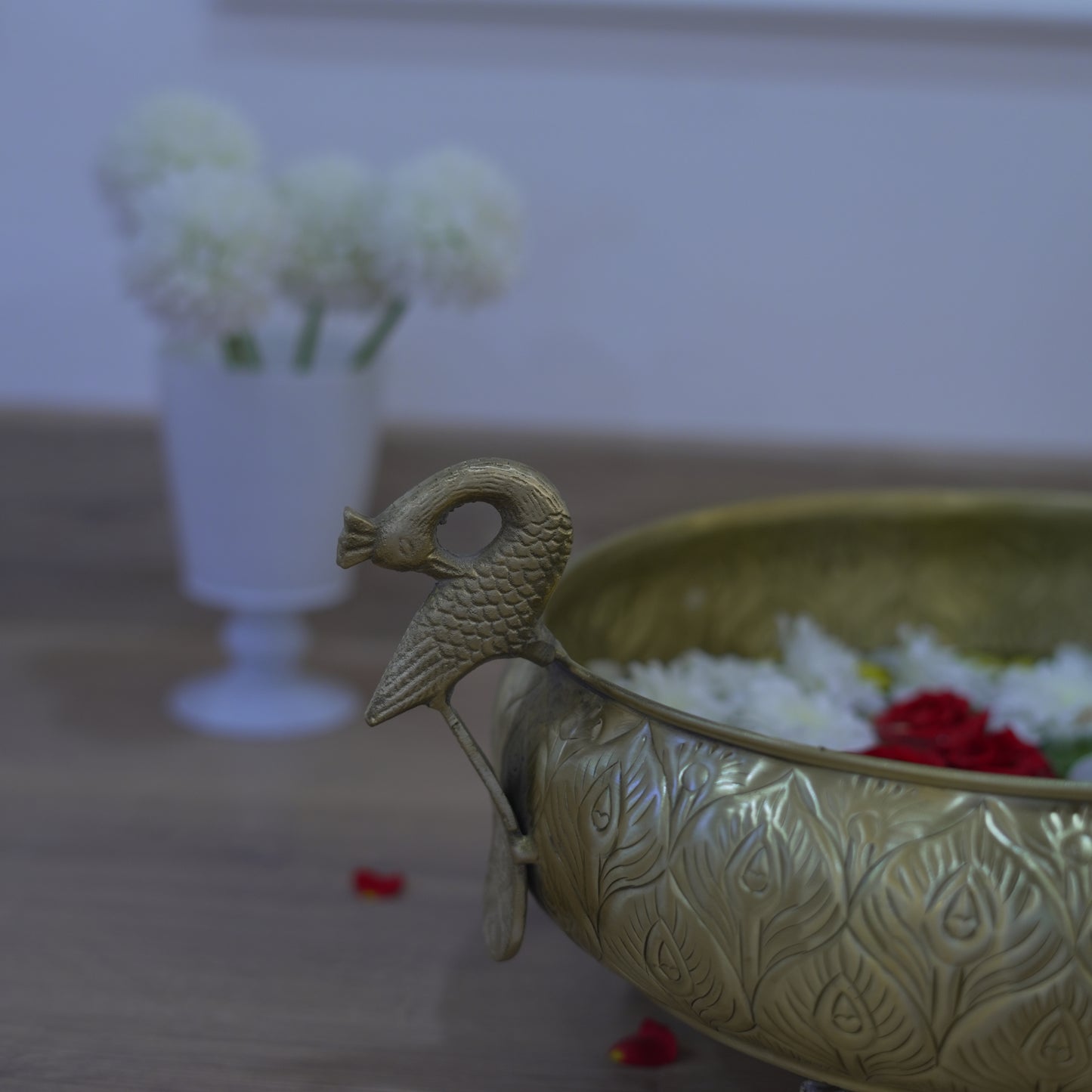 Handcrafted Gold Brass Urli with Peacock Handles | Chitai Work (10 & 12 Inch)