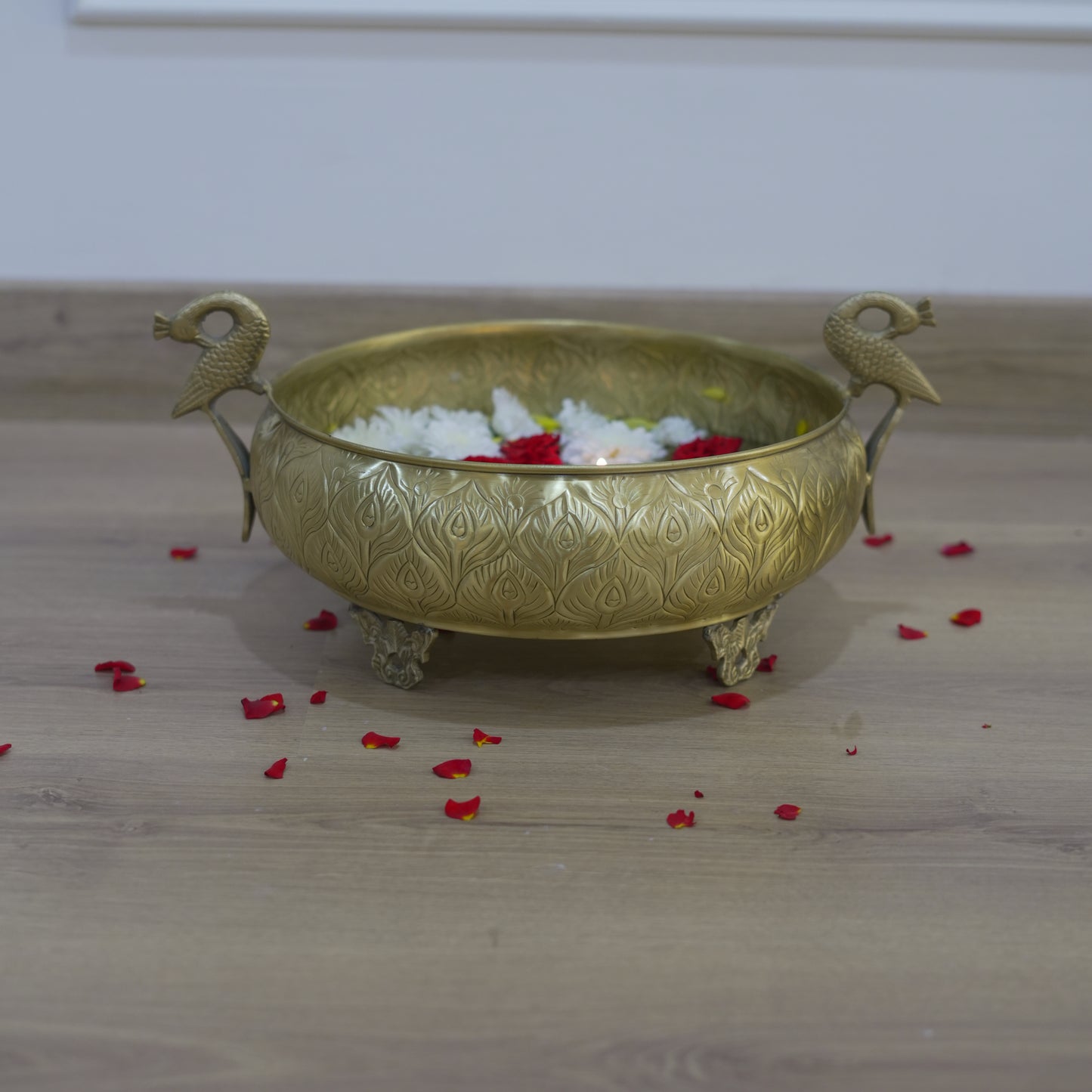Handcrafted Gold Brass Urli with Peacock Handles | Chitai Work (10 & 12 Inch)