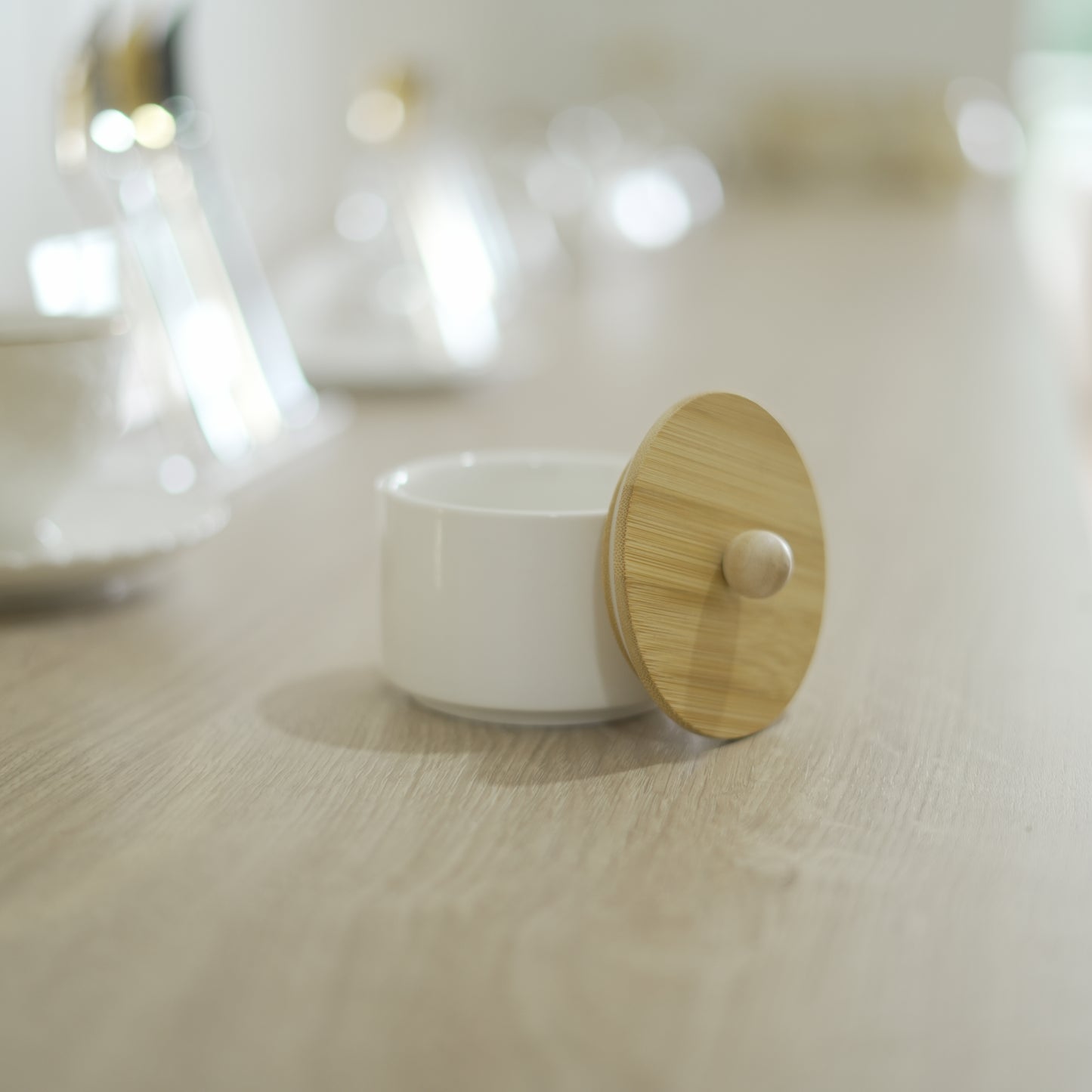 Small White Ceramic Jar with Wooden Lid – 200 ml Multipurpose Storage Container